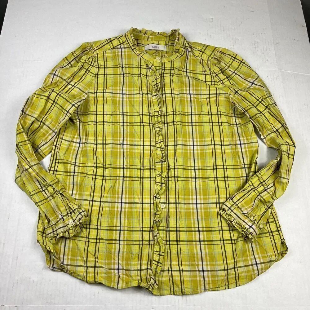 LOFT Button Down Shirt Plaid Ruffled Trim Long Sleeve Business Casual Top LARGE